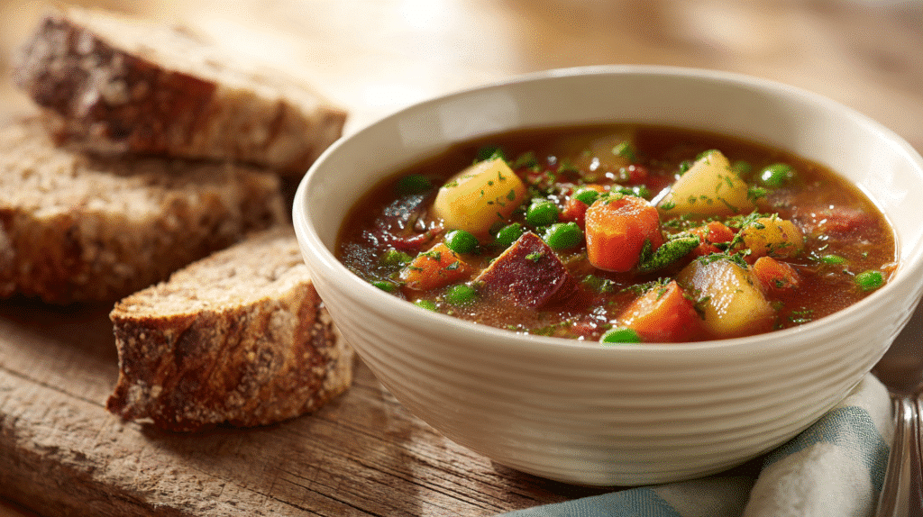 serving of gluten-free hearty soup with bread on table