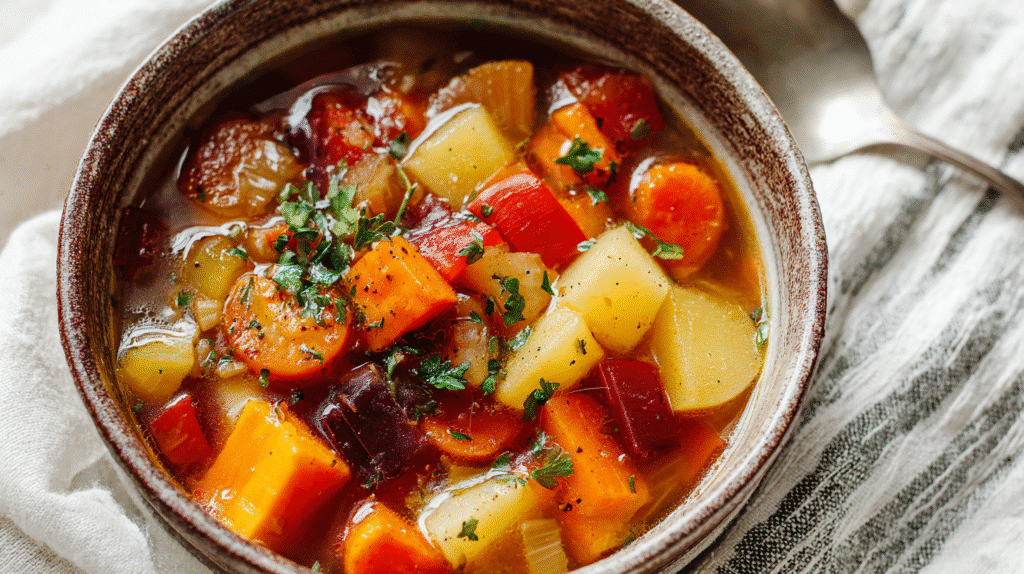 gluten-free vegetable soup in rustic ceramic bowl