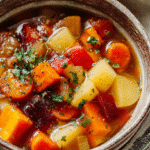 gluten-free vegetable soup in rustic ceramic bowl