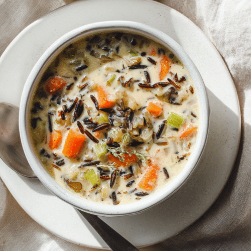 Close-up of gluten free wild rice soup in creamy broth