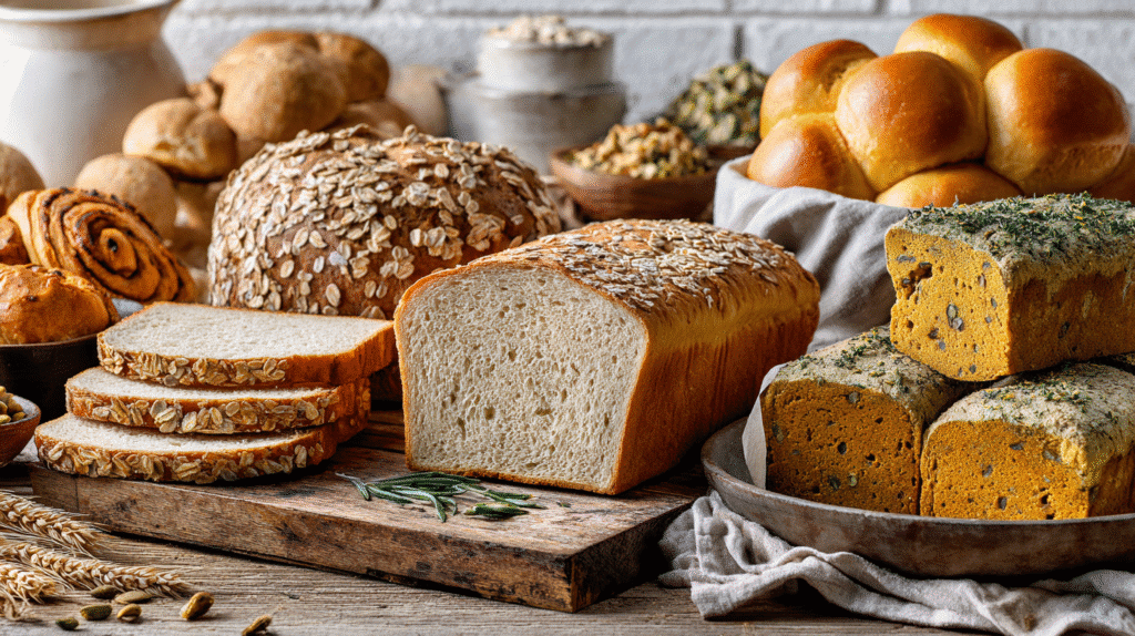Assortment of nine gluten-free bread varieties arranged together on a rustic wooden table, including sandwich bread, oatmeal bread, herb garlic pull-apart bread, pumpkin bread, banana bread, artisan loaf, cinnamon swirl bread, focaccia, and dinner rolls