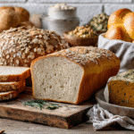 Assortment of nine gluten-free bread varieties arranged together on a rustic wooden table, including sandwich bread, oatmeal bread, herb garlic pull-apart bread, pumpkin bread, banana bread, artisan loaf, cinnamon swirl bread, focaccia, and dinner rolls