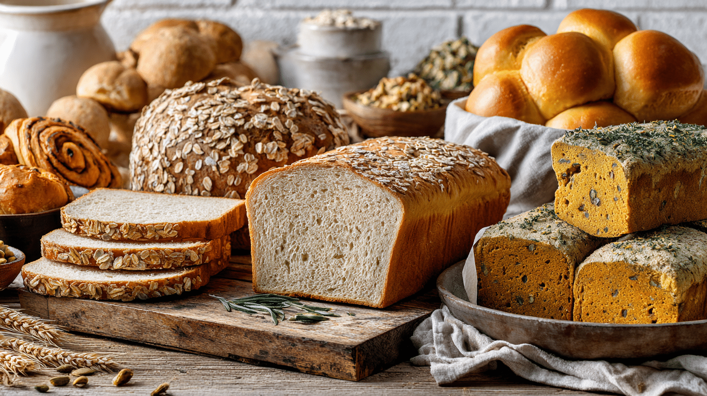 Assortment of nine gluten-free bread varieties arranged together on a rustic wooden table, including sandwich bread, oatmeal bread, herb garlic pull-apart bread, pumpkin bread, banana bread, artisan loaf, cinnamon swirl bread, focaccia, and dinner rolls