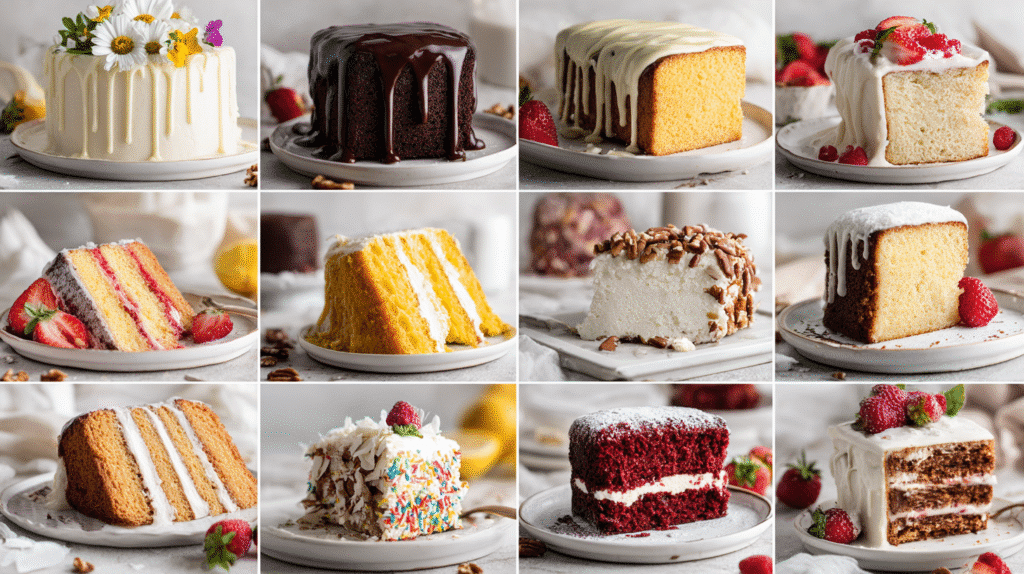 Collage of ten gluten free cakes including vanilla, chocolate, lemon loaf, strawberry shortcake, carrot cake, red velvet, coconut, funfetti, orange almond, and pumpkin cake, arranged in a bright and clean food photography layout.