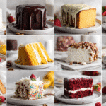 Collage of ten gluten free cakes including vanilla, chocolate, lemon loaf, strawberry shortcake, carrot cake, red velvet, coconut, funfetti, orange almond, and pumpkin cake, arranged in a bright and clean food photography layout.
