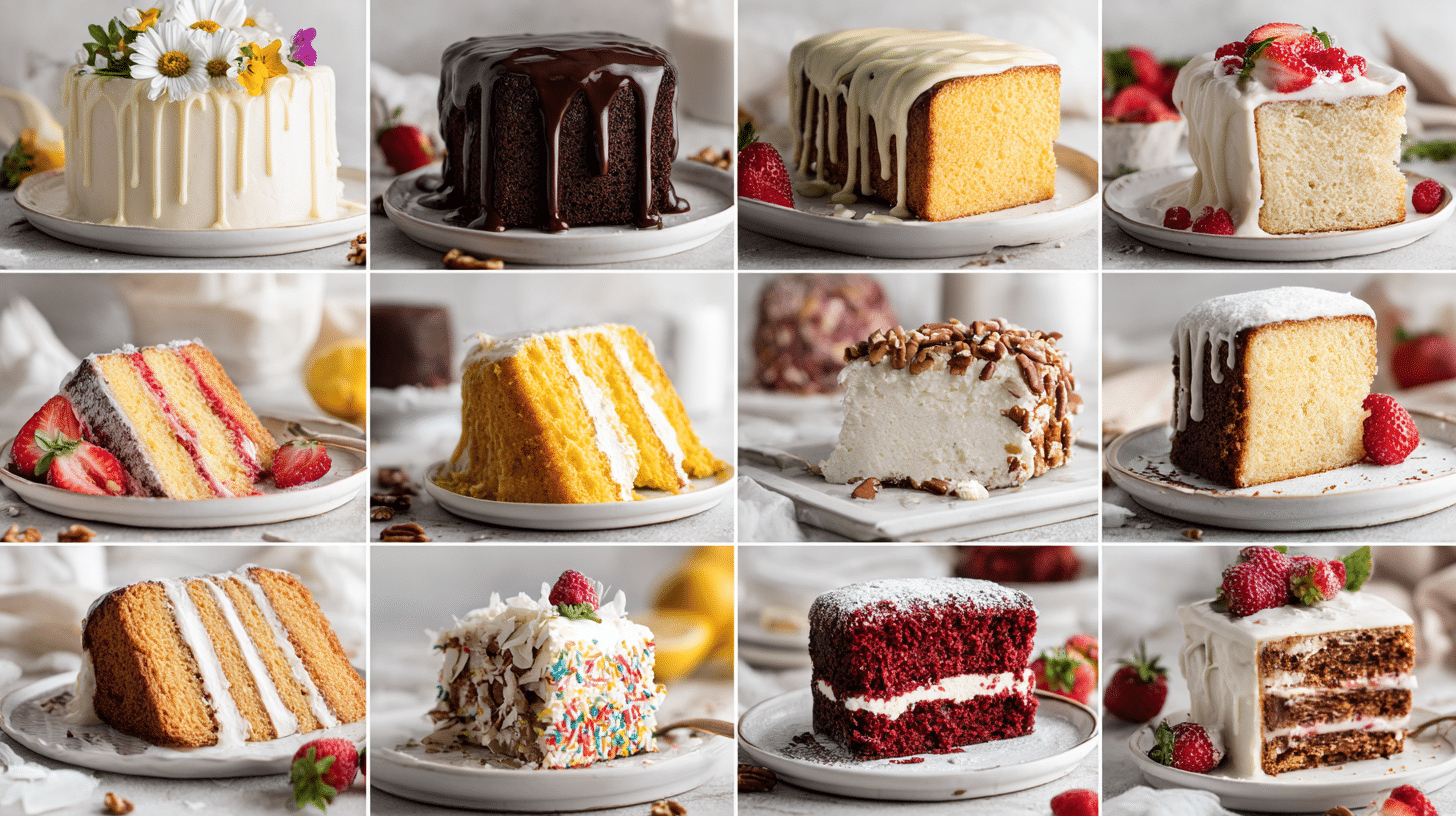 Collage of ten gluten free cakes including vanilla, chocolate, lemon loaf, strawberry shortcake, carrot cake, red velvet, coconut, funfetti, orange almond, and pumpkin cake, arranged in a bright and clean food photography layout.