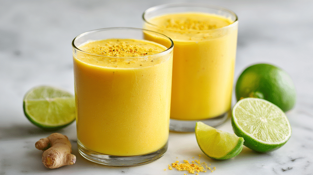 Served Low Calorie Mango Ginger Detox Smoothie with garnish