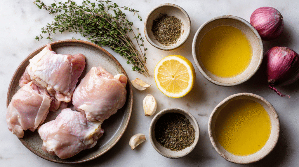 Ingredients for lemon herb gluten free chicken skillet on counter