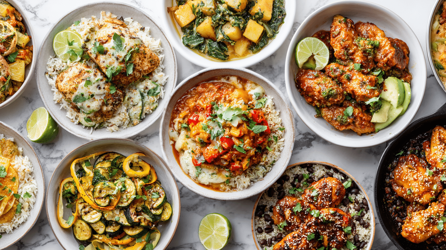 Food collage featuring ten chicken dishes, including coconut lime chicken, creamy Tuscan chicken, sheet pan lemon garlic chicken, chicken chili, quinoa veggie chicken bowl, crispy chicken cutlets, honey garlic chicken thighs, stuffed zucchini boats, chicken taco bowl, and a chicken sweet potato skillet, arranged on a bright white kitchen table.