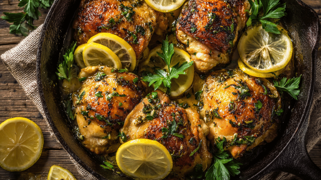 Lemon Herb Gluten Free Chicken Skillet in cast iron pan