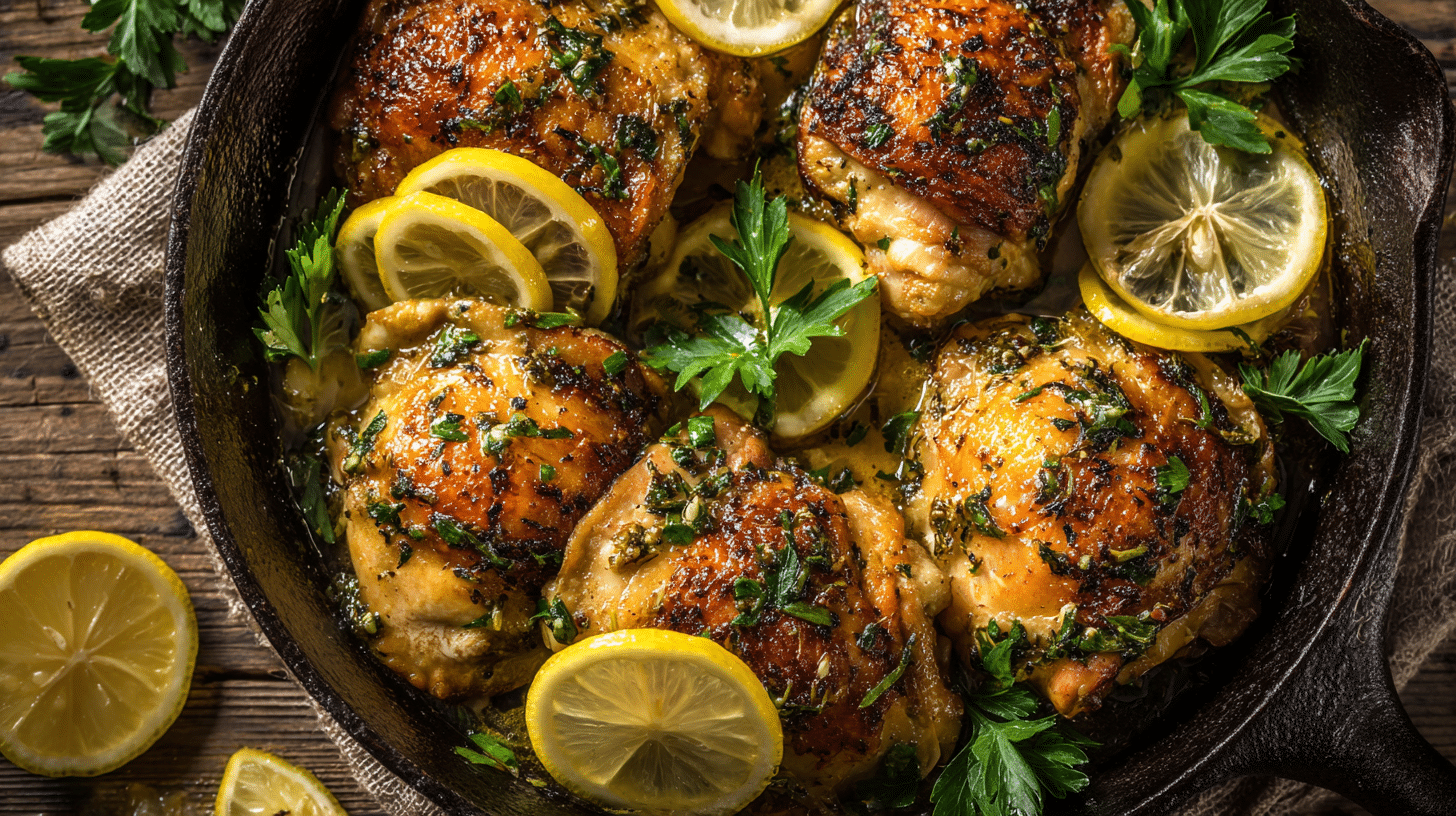 Lemon Herb Gluten Free Chicken Skillet in cast iron pan