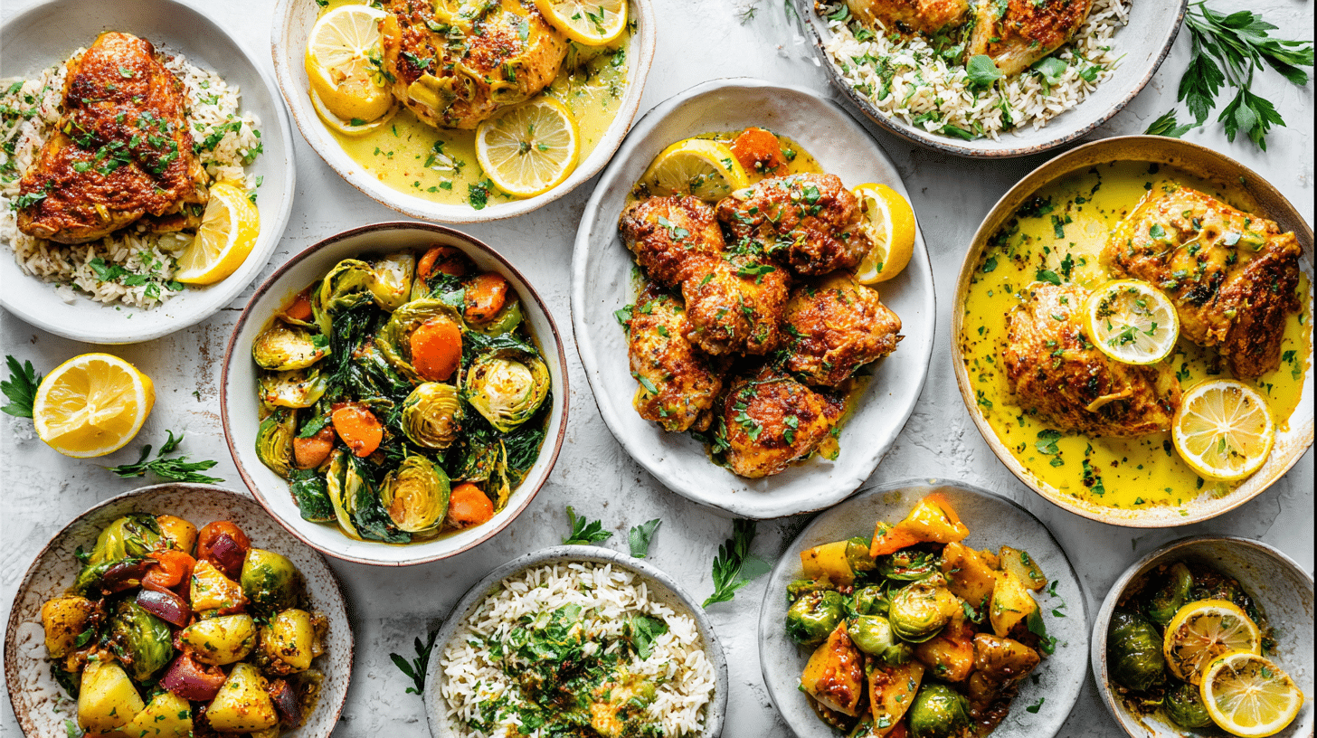 Collage of ten different gluten-free chicken dishes, including lemon herb chicken, crispy rosemary chicken thighs, chicken piccata, honey mustard chicken, garlic butter chicken bites, chicken stir fry, balsamic sheet pan chicken, chicken and veggie rice bowl, crispy chicken tenders, and creamy spinach chicken.