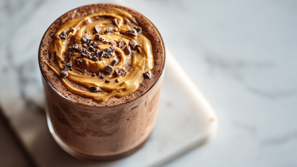 Glass of Chocolate Peanut Butter Protein Smoothie (Healthy)