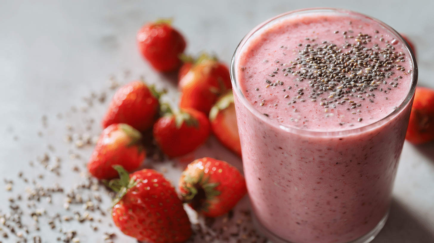 strawberry chia smoothie for clean eating in glass