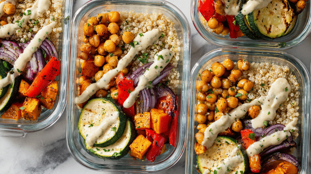 High-protein vegetarian meal prep with roasted vegetables and quinoa