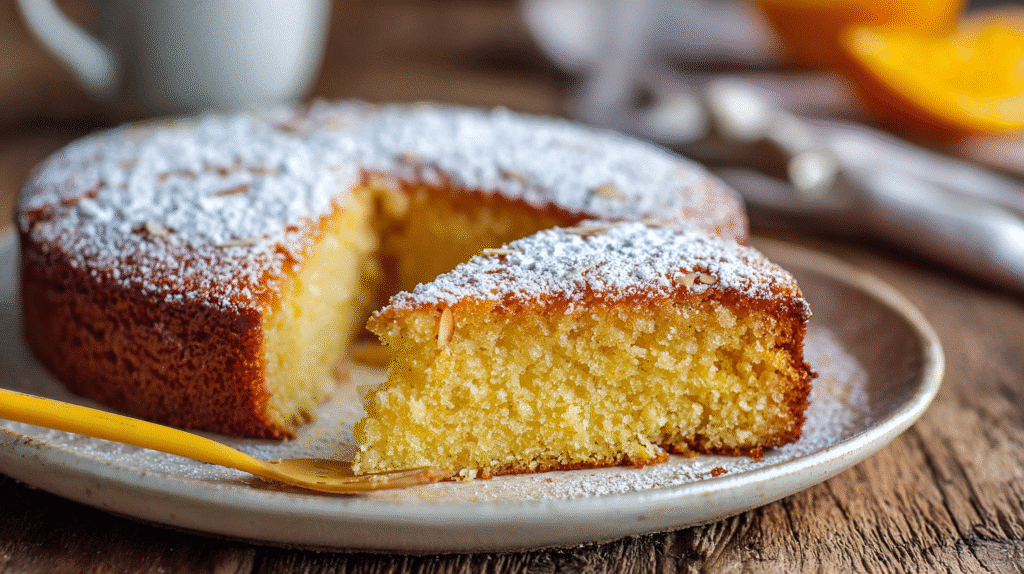 Gluten Free Orange Almond Cake sliced on plate with moist texture