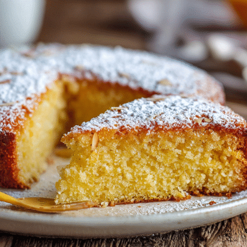 Gluten Free Orange Almond Cake sliced on plate with moist texture