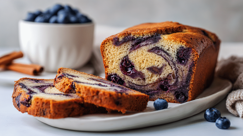 Gluten Free Blueberry Cinnamon Swirl Banana Bread sliced on counter