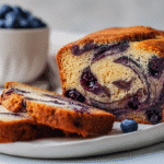 Gluten Free Blueberry Cinnamon Swirl Banana Bread sliced on counter