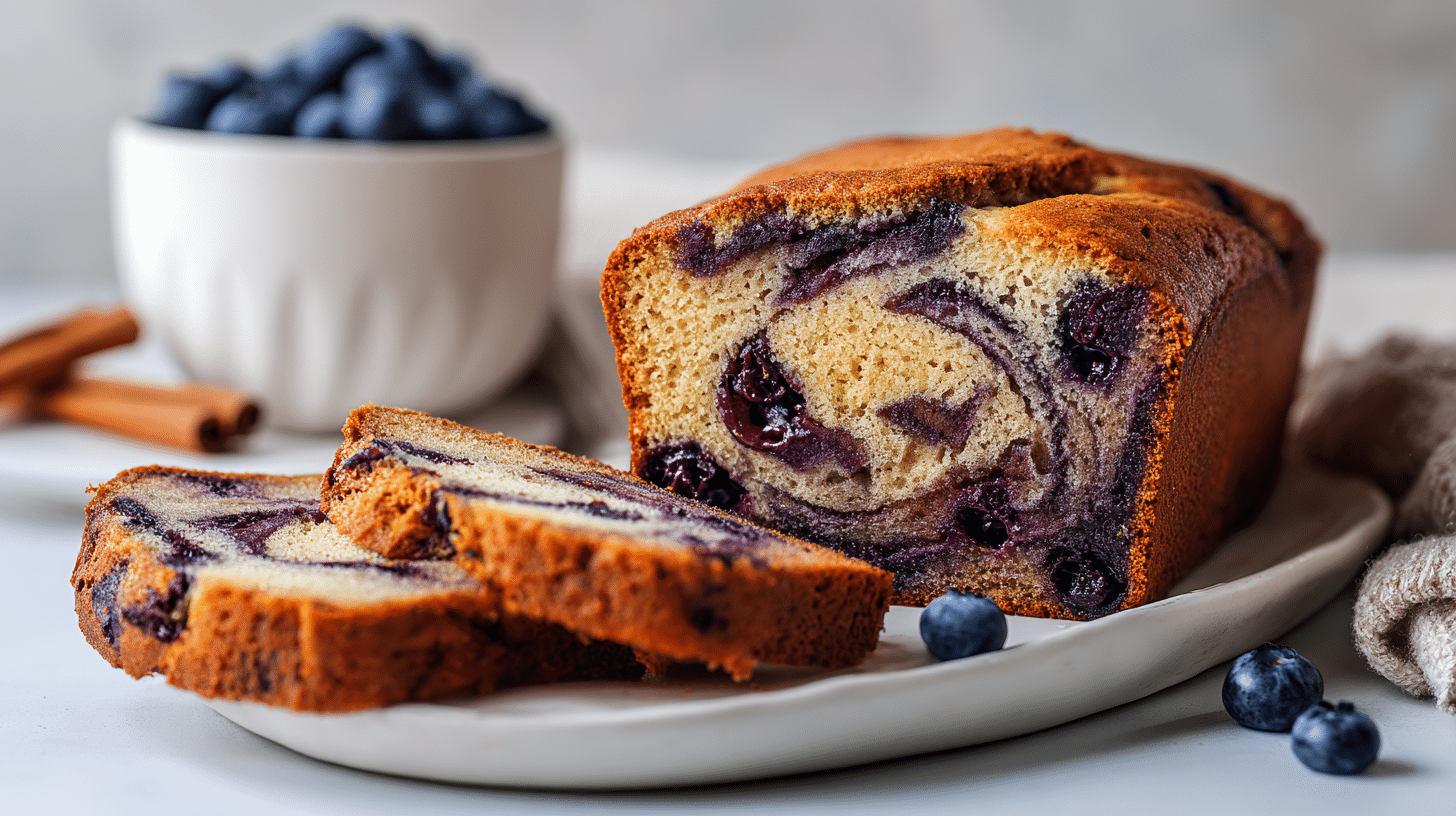 Gluten Free Blueberry Cinnamon Swirl Banana Bread sliced on counter