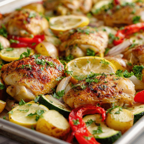 Sheet Pan Lemon Garlic Chicken (GF DF) with roasted vegetables