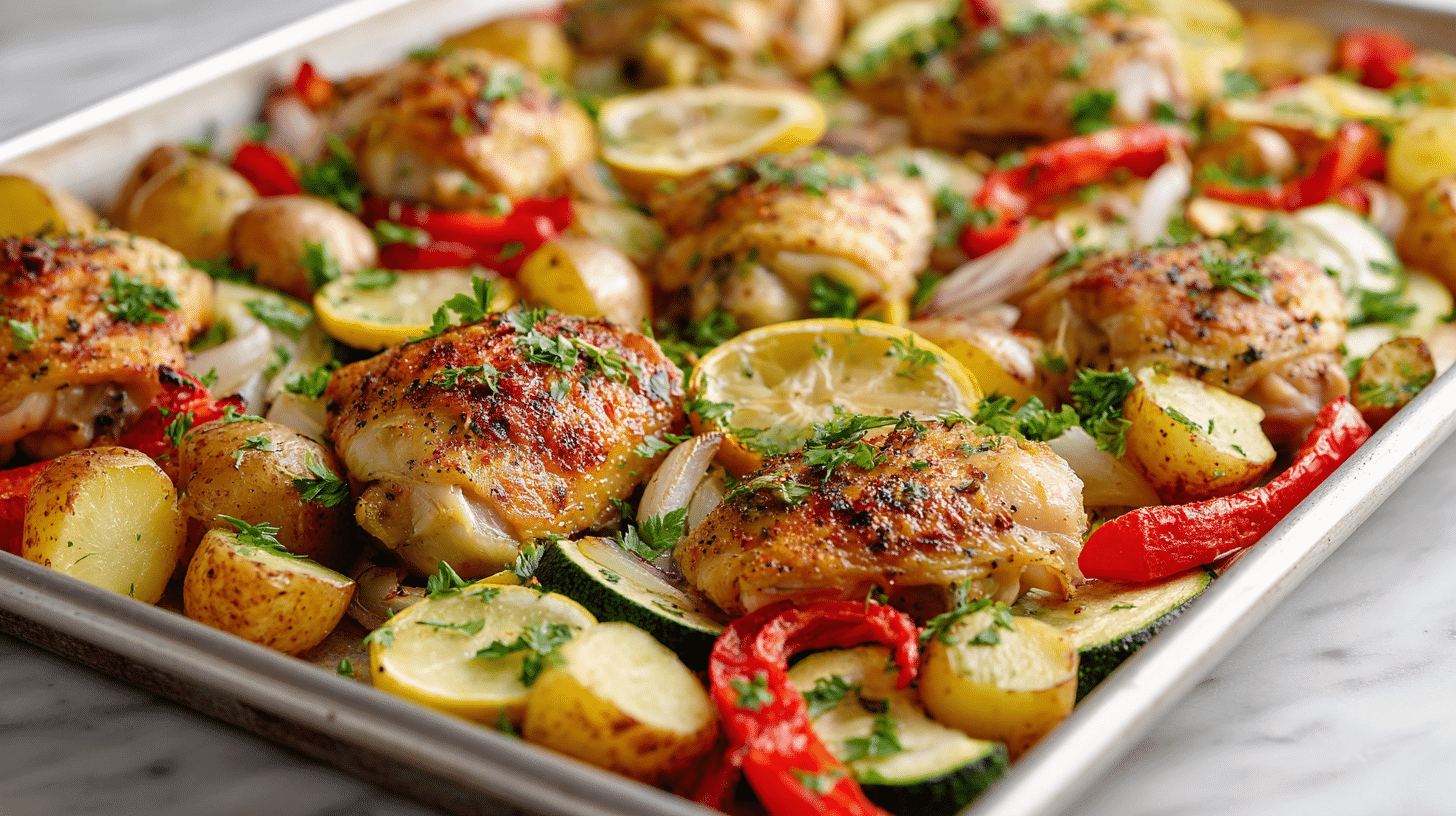 Sheet Pan Lemon Garlic Chicken (GF DF) with roasted vegetables