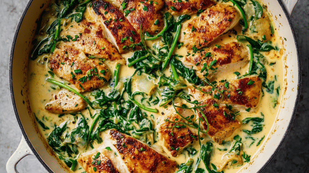 Creamy Gluten Free Chicken and Spinach Skillet in skillet