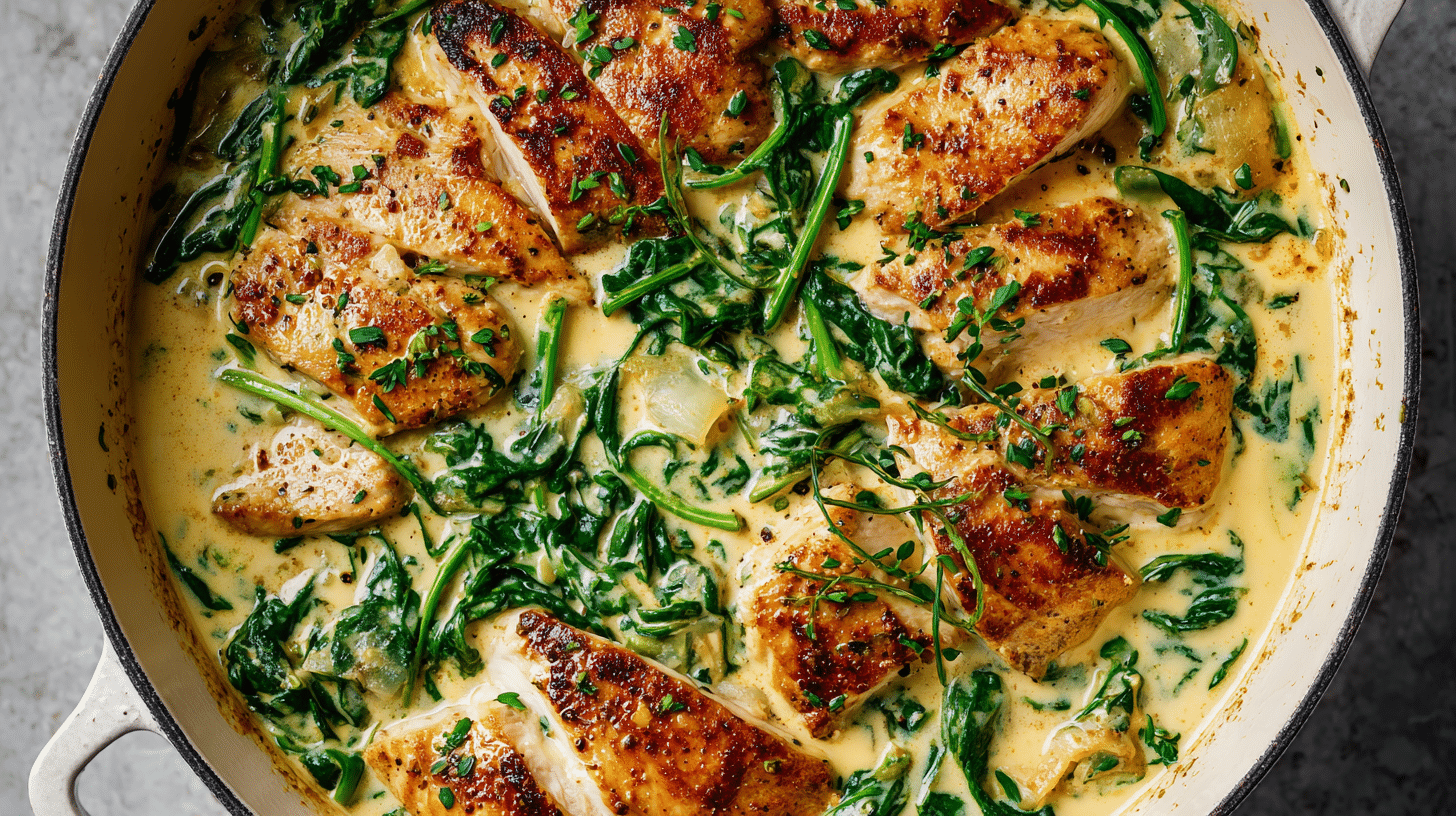 Creamy Gluten Free Chicken and Spinach Skillet in skillet