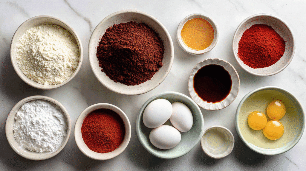 Gluten-free red velvet cake ingredients measured in bowls