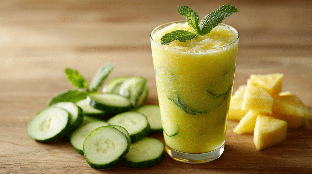 Served pineapple cucumber metabolism smoothie in a clear glass