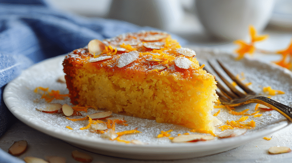 Slice of Gluten Free Orange Almond Cake on dessert plate