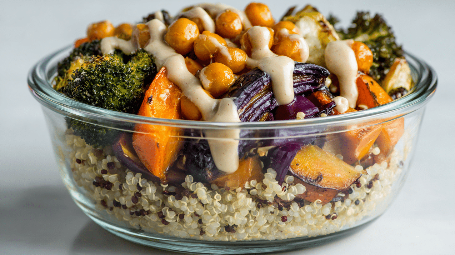 Assembled high-protein vegetarian meal prep bowl