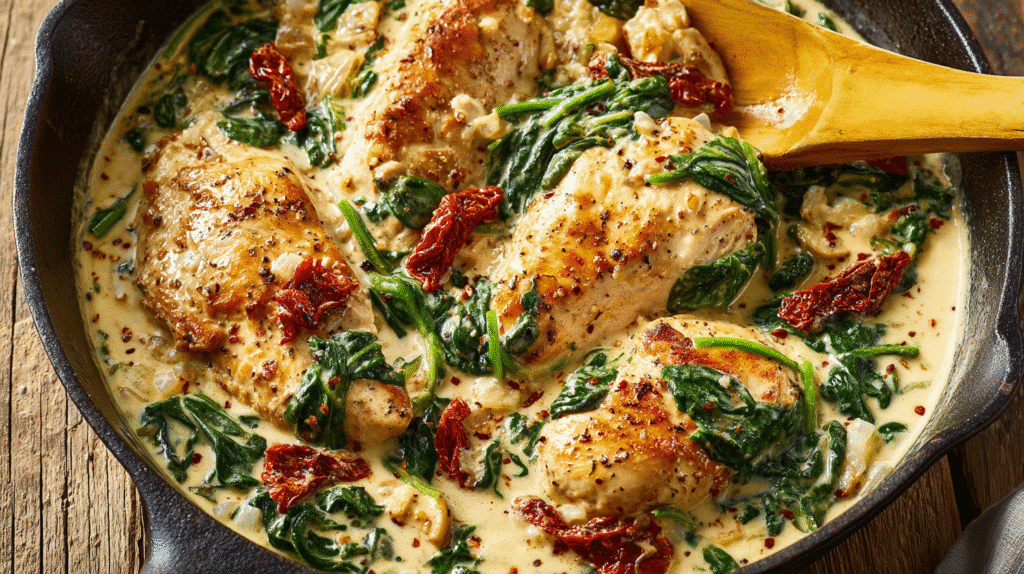 GF DF Creamy Tuscan Chicken (no dairy) in skillet