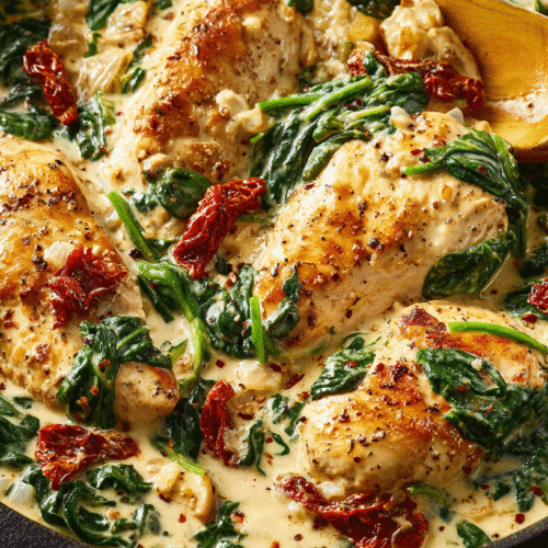 GF DF Creamy Tuscan Chicken (no dairy) in skillet