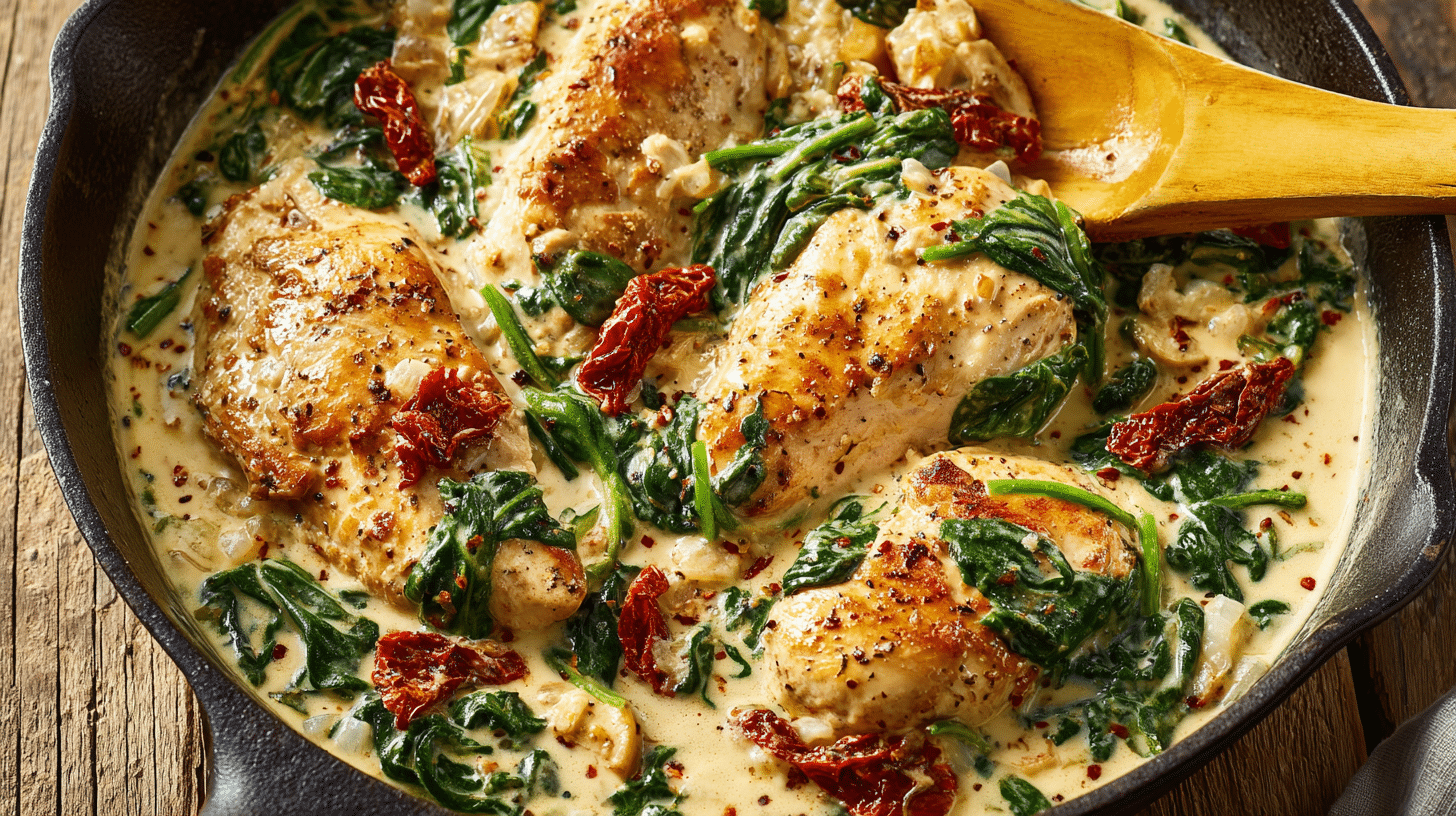 GF DF Creamy Tuscan Chicken (no dairy) in skillet