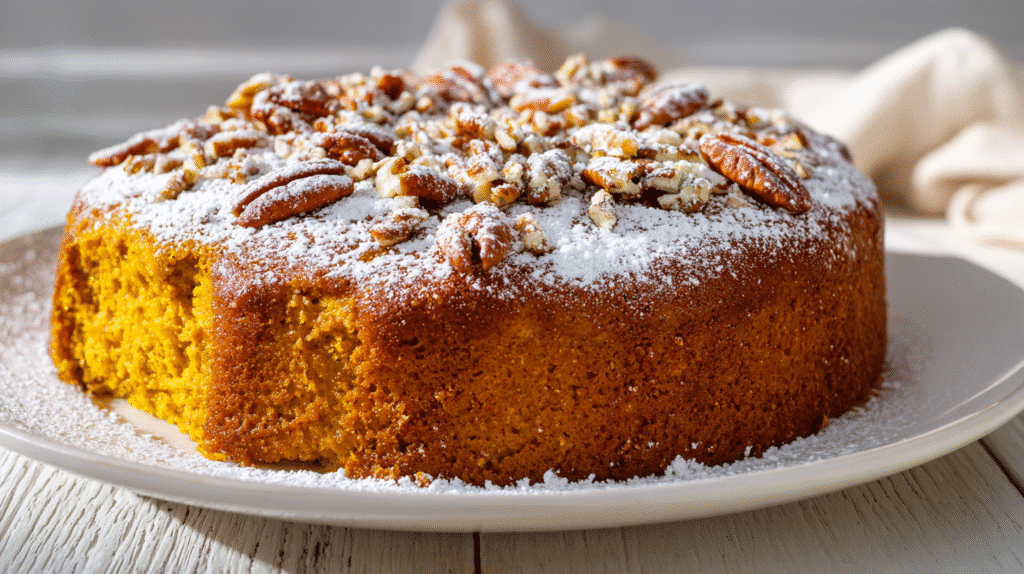 gluten-free pumpkin cake on white plate with pecans