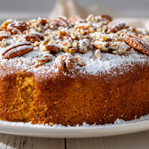 gluten-free pumpkin cake on white plate with pecans