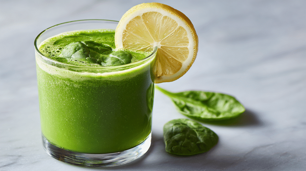 Fat Burning Green Smoothie with Spinach & Lemon in glass
