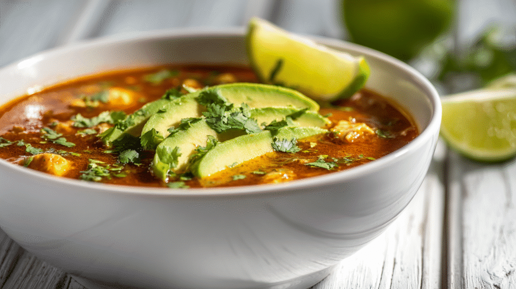 Gluten Free Dairy Free Chicken Chili in white bowl with avocado and cilantro