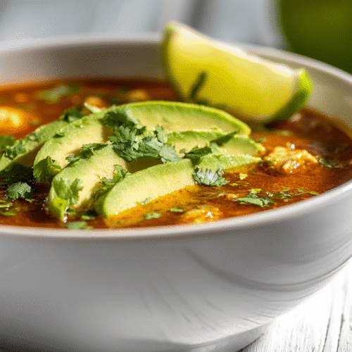 Gluten Free Dairy Free Chicken Chili in white bowl with avocado and cilantro