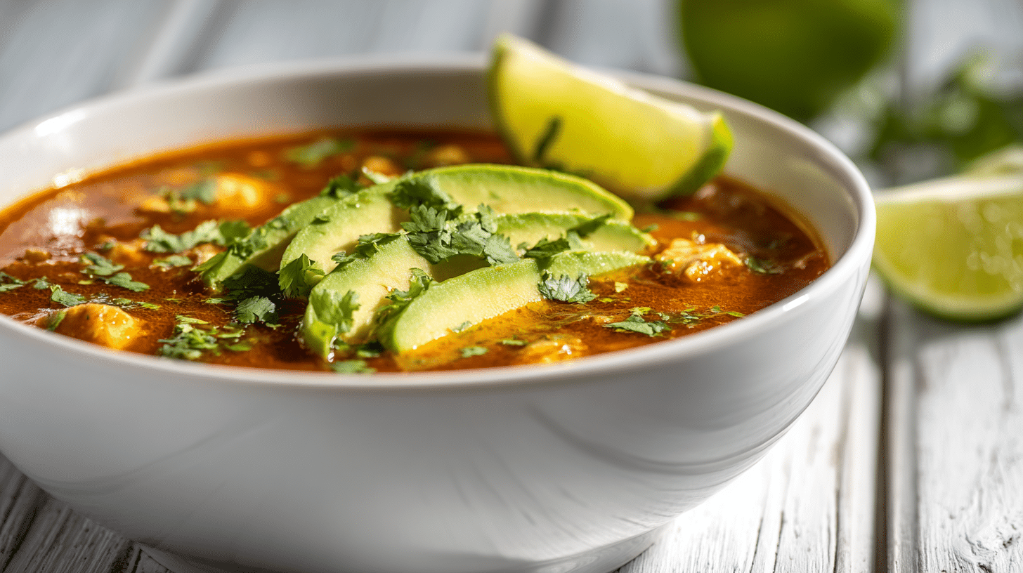 Gluten Free Dairy Free Chicken Chili in white bowl with avocado and cilantro