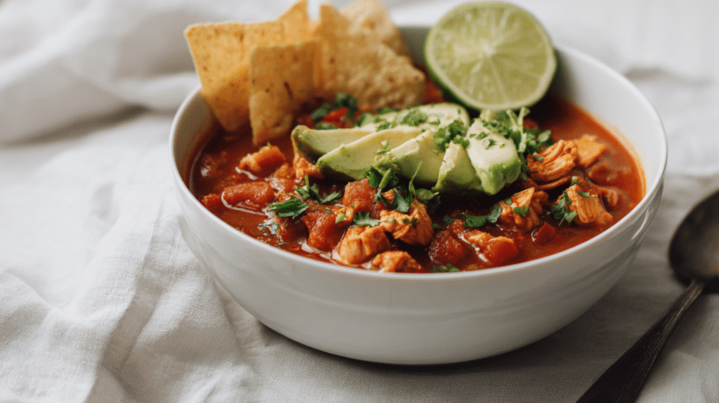 Served bowl of Gluten Free Dairy Free Chicken Chili with lime and avocado