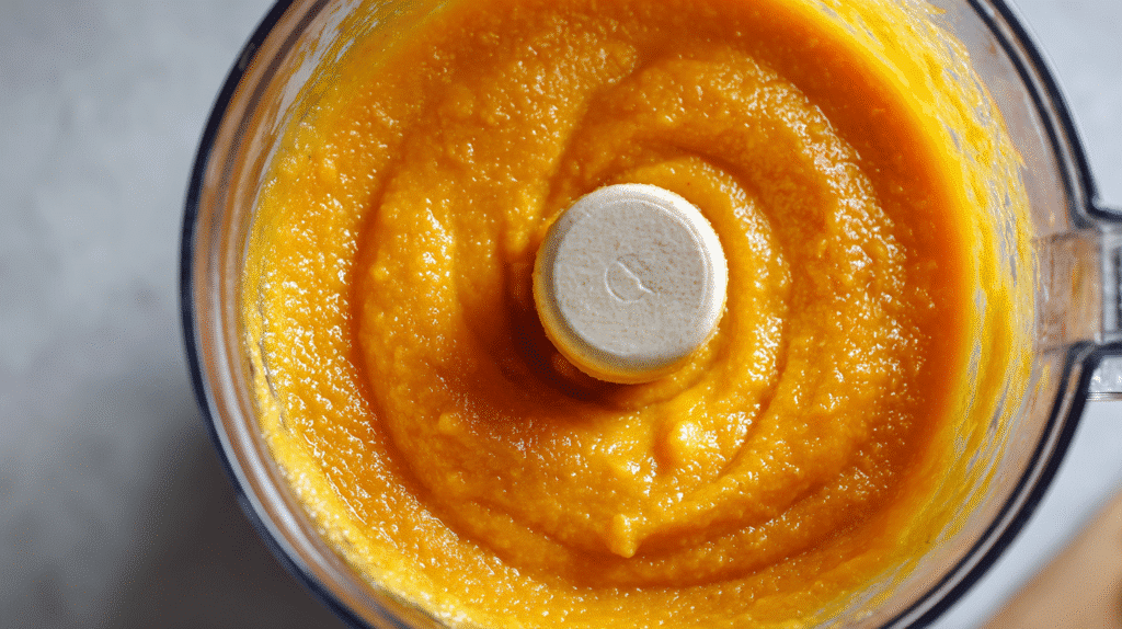 Blended boiled oranges in food processor for almond cake