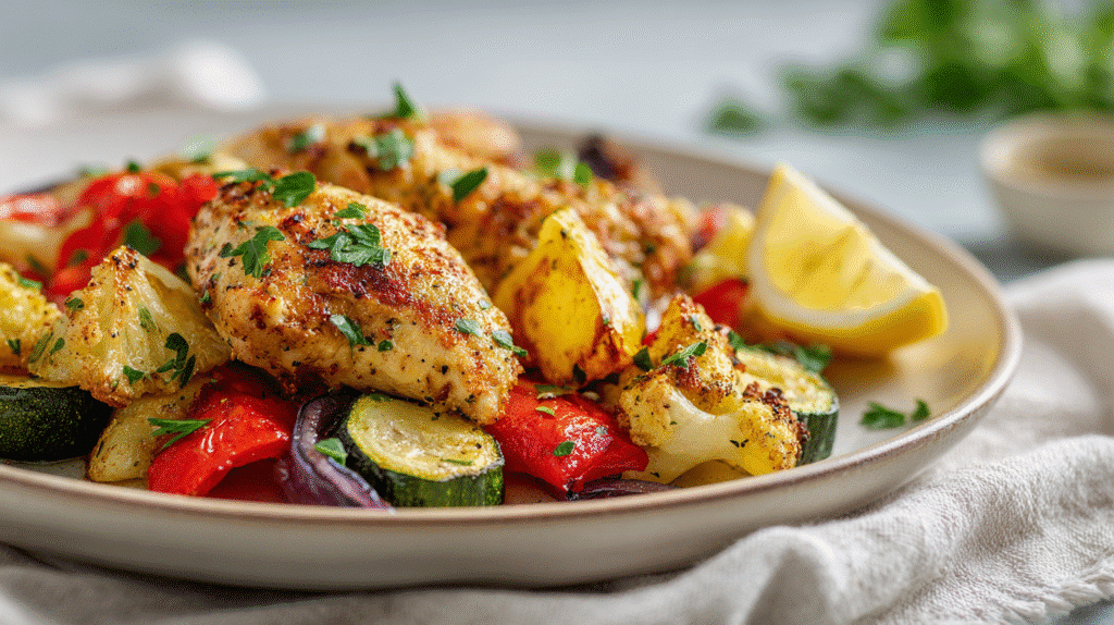 Served Sheet Pan Lemon Garlic Chicken (GF DF) on white plate