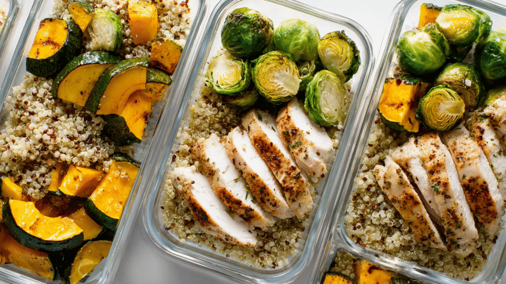 Assembled balanced meal prep bowls for women losing weight