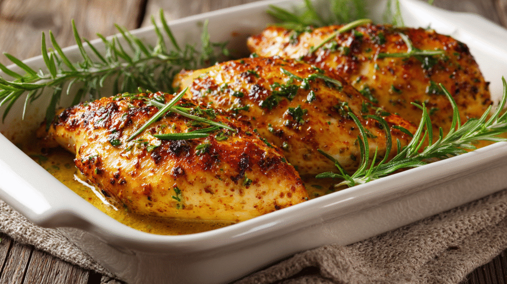 Gluten Free Honey Mustard Baked Chicken Breasts in white baking dish
