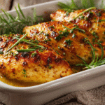 Gluten Free Honey Mustard Baked Chicken Breasts in white baking dish