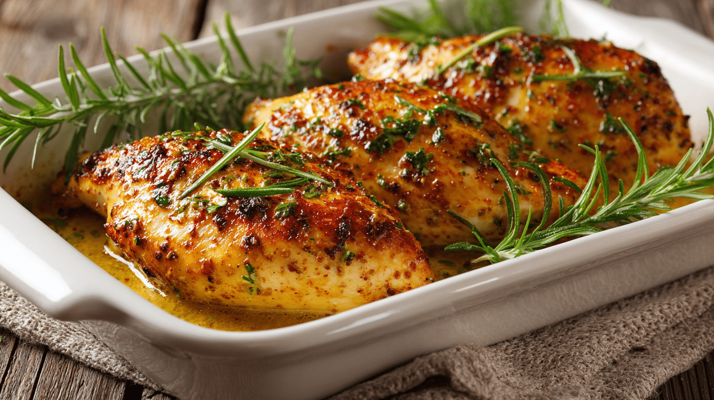 Gluten Free Honey Mustard Baked Chicken Breasts in white baking dish