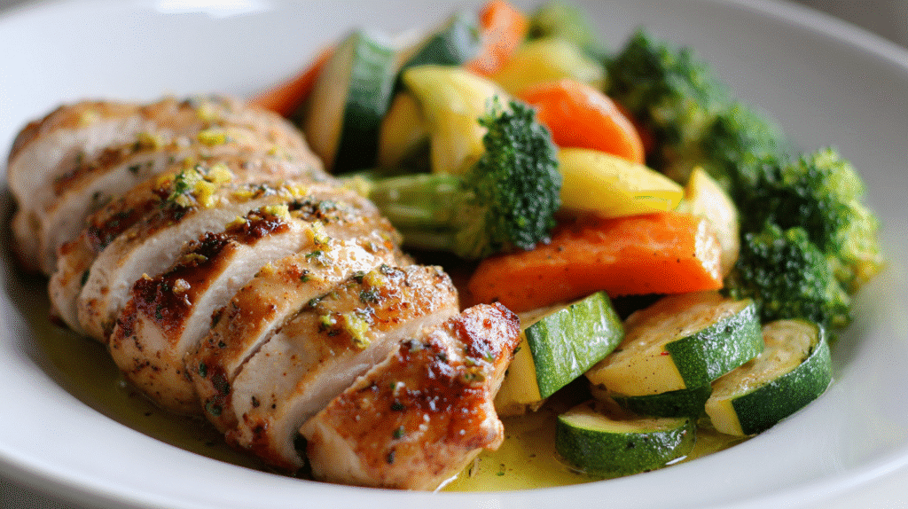 Lemon Garlic Chicken with Steamed Veggies served on white plate