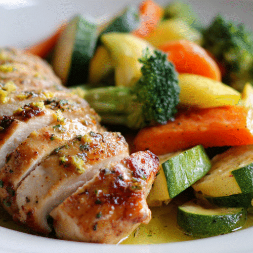 Lemon Garlic Chicken with Steamed Veggies served on white plate